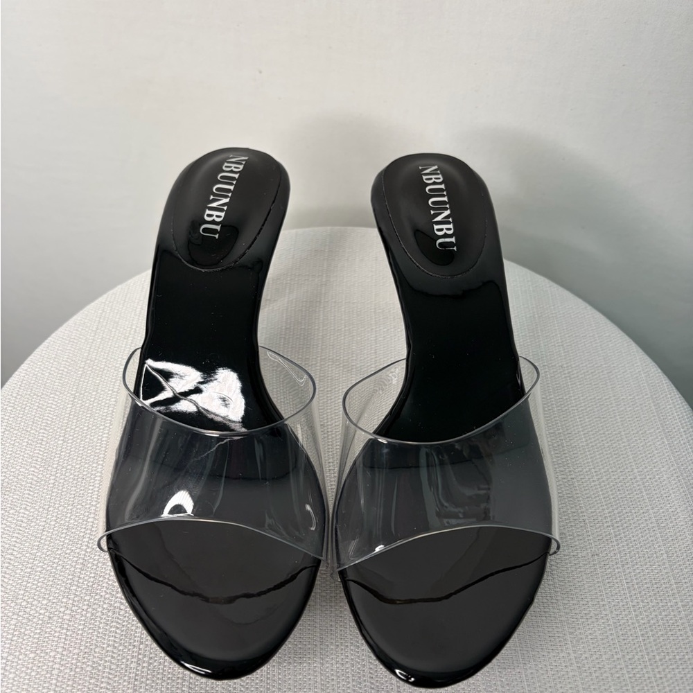 NBUUNBU Black Clear Strap Mule Heels Size 35(B113)✨